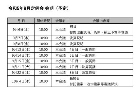 令和5年9月定例会会期日程